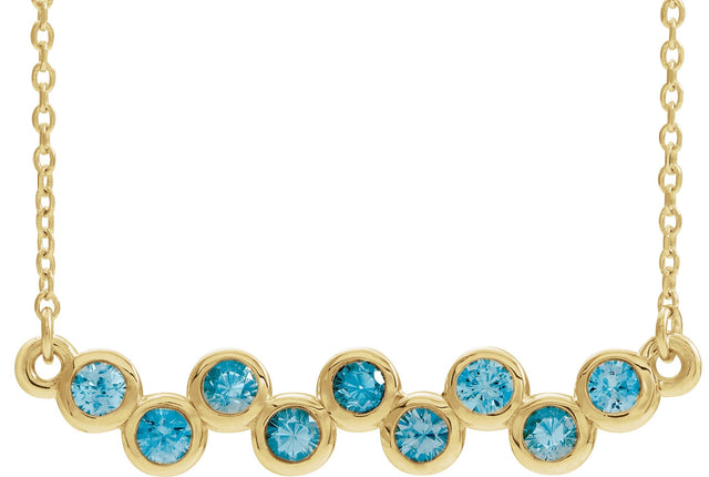 14K Gold Round Natural Blue Zircon Bezel-Set Bar Necklace - Yellow Gold