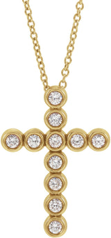 14K Gold Round Natural Diamond Bezel-Set Cross Necklace or Pendant – up to 1/4 CTW - Yellow Gold