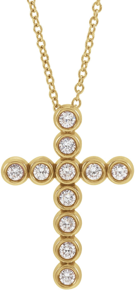 14K Gold Round Natural Diamond Bezel-Set Cross Necklace or Pendant – up to 1/4 CTW - Yellow Gold