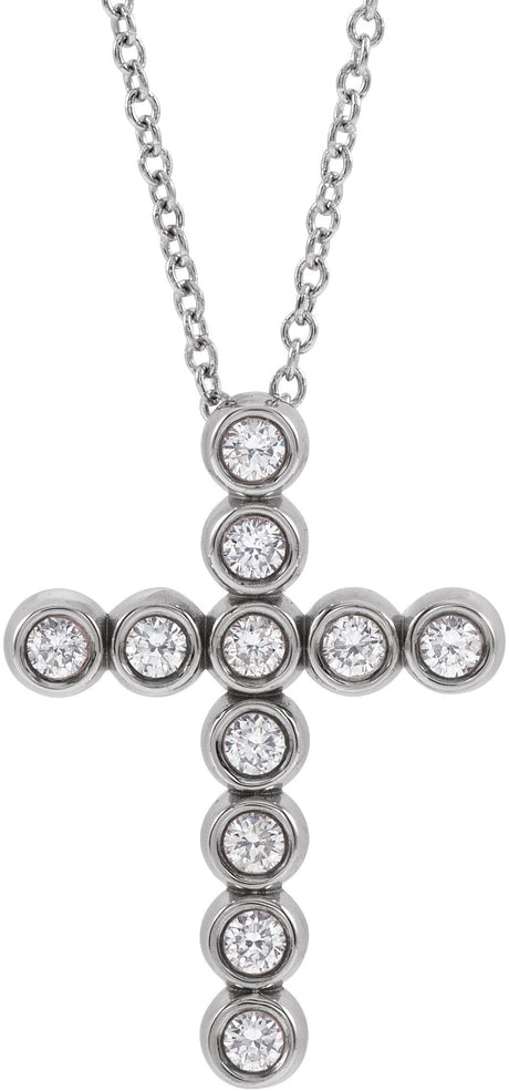 14K Gold Round Natural Diamond Bezel-Set Cross Necklace or Pendant – up to 1/4 CTW - White Gold
