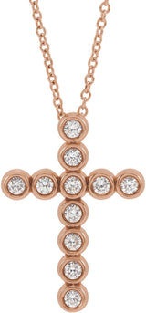 14K Gold Round Natural Diamond Bezel-Set Cross Necklace or Pendant – up to 1/4 CTW - Rose Gold