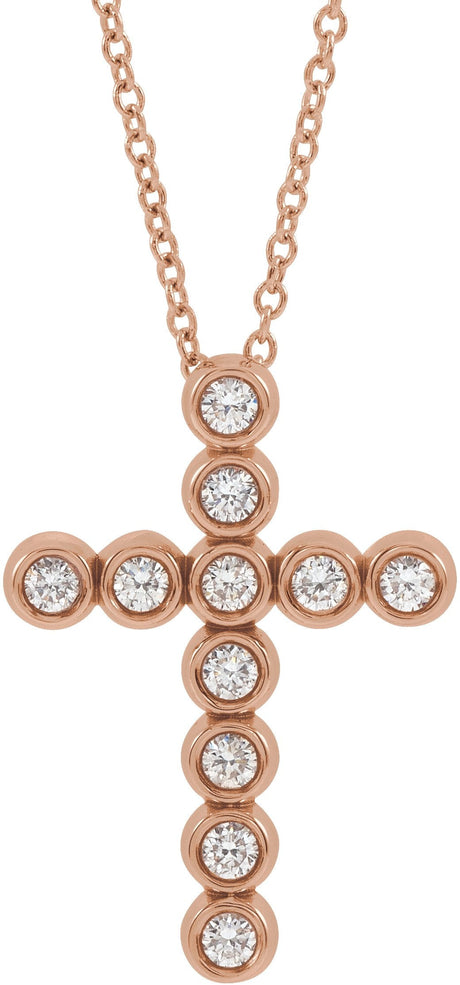 14K Gold Round Natural Diamond Bezel-Set Cross Necklace or Pendant – up to 1/4 CTW - Rose Gold