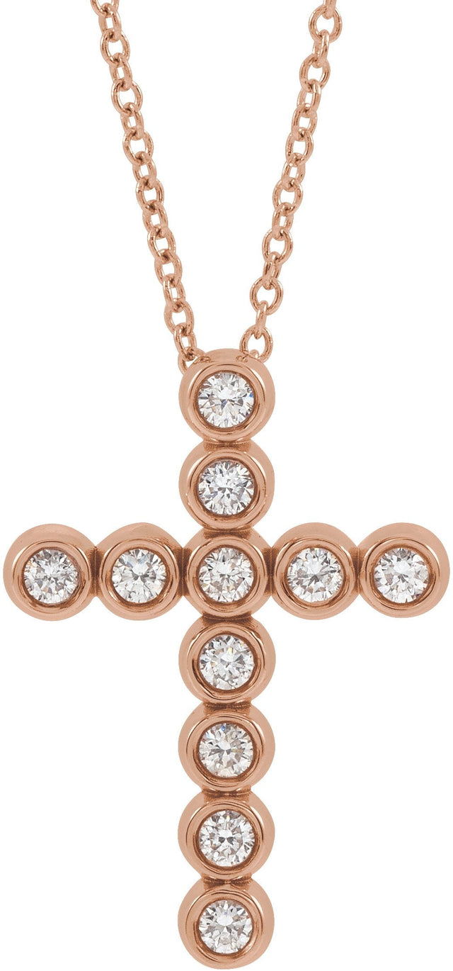 14K Gold Round Natural Diamond Bezel-Set Cross Necklace or Pendant – up to 1/4 CTW - Rose Gold