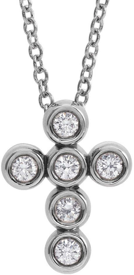 14K Gold Round Natural Diamond Bezel-Set Cross Necklace or Pendant – up to 1/4 CTW - White Gold