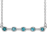 14K Gold Round Natural Blue Zircon Bezel-Set Bar Necklace II - White Gold