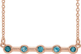 14K Gold Round Natural Blue Zircon Bezel-Set Bar Necklace II - Rose Gold