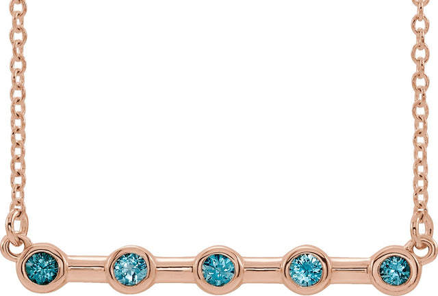 14K Gold Round Natural Blue Zircon Bezel-Set Bar Necklace II - Rose Gold