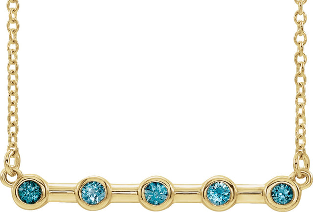 14K Gold Round Natural Blue Zircon Bezel-Set Bar Necklace II - Yellow Gold