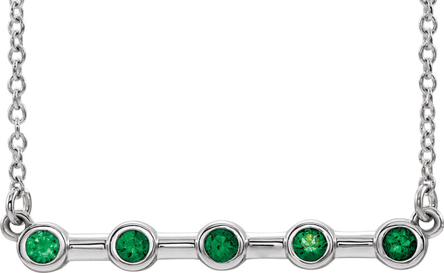 14K Gold Round Natural Emerald Bezel-Set Bar Necklace II - White Gold