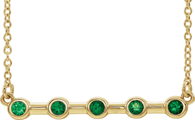 14K Gold Round Natural Emerald Bezel-Set Bar Necklace II - Yellow Gold