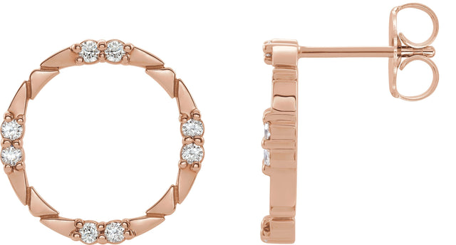 14K Gold Round Natural Diamond Geometric Earring - Rose Gold