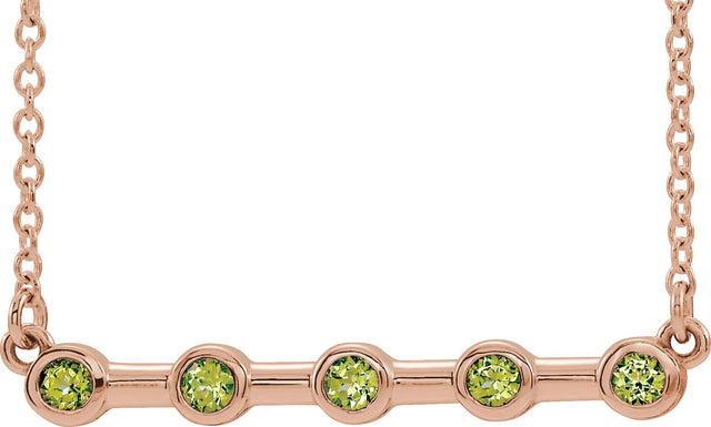 14K Gold Round Natural Peridot Bezel-Set Bar Necklace II - Rose Gold
