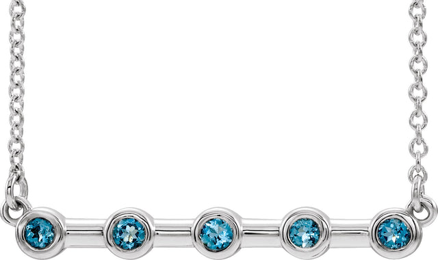 14K Gold Round Natural Aquamarine Bezel-Set Bar Necklace II - White Gold