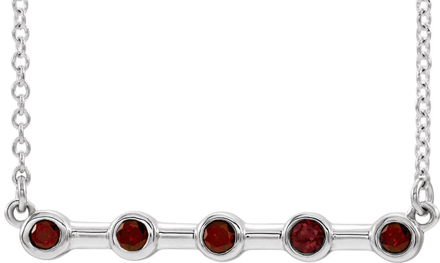 14K Gold Round Natural Mozambique Garnet Bezel-Set Bar Necklace II - White Gold