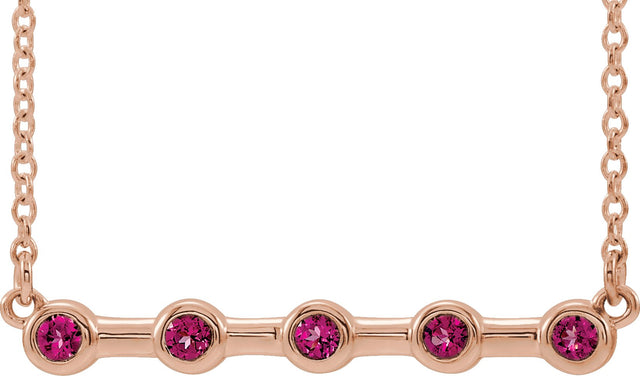 14K Gold Round Natural Pink Tourmaline Bezel-Set Bar Necklace II - Rose Gold