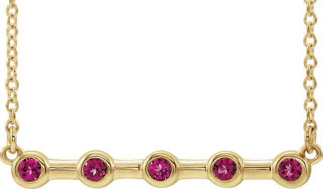 14K Gold Round Natural Pink Tourmaline Bezel-Set Bar Necklace II - Yellow Gold