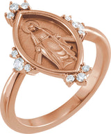 14K Gold Round Natural Diamond Miraculous Medal Ring - Rose Gold