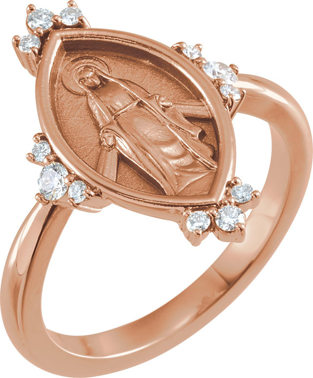 14K Gold Round Natural Diamond Miraculous Medal Ring - Rose Gold