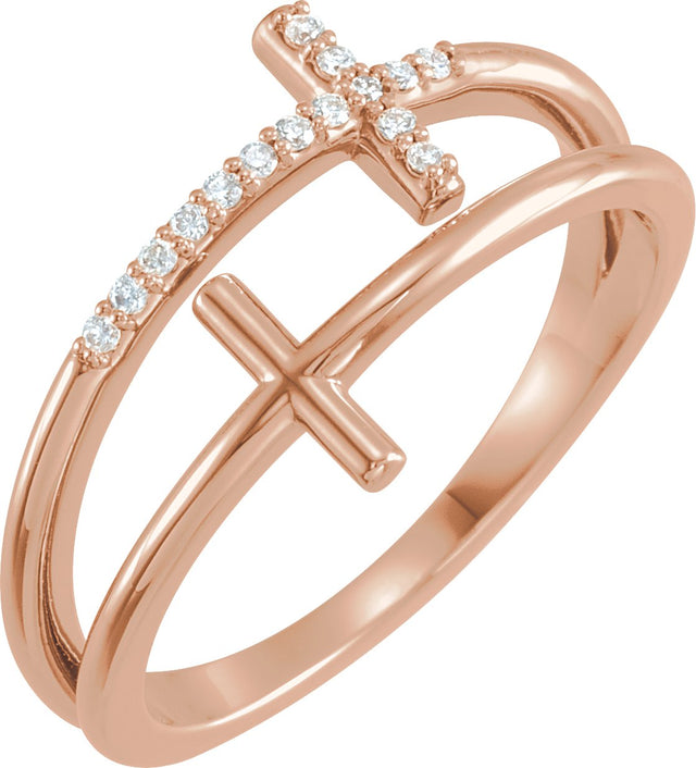 14K Gold Round Natural Diamond Sideways Cross Ring – 1mm Stones - Rose Gold