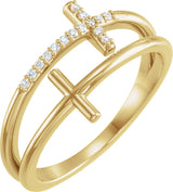 14K Gold Round Natural Diamond Sideways Cross Ring – 1mm Stones - Yellow Gold