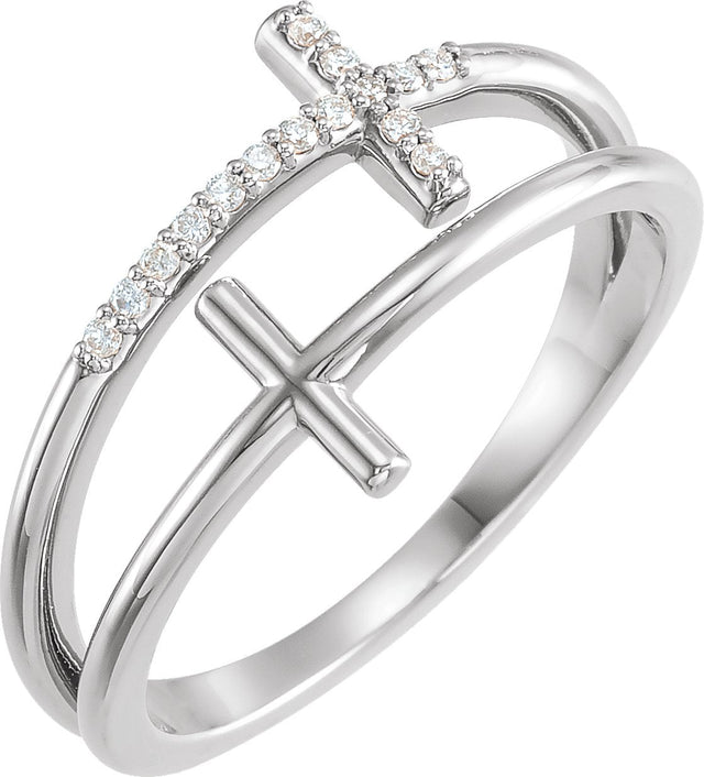 14K Gold Round Natural Diamond Sideways Cross Ring – 1mm Stones - White Gold