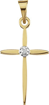 14K Gold Round Natural Diamond Accented Cross Pendant – 1mm Stones - Two-Tone