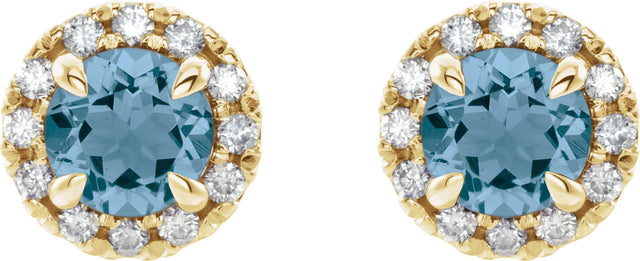 14K Gold Round Natural Blue Zircon French-Set Halo-Style Earrings - Yellow Gold - view 2