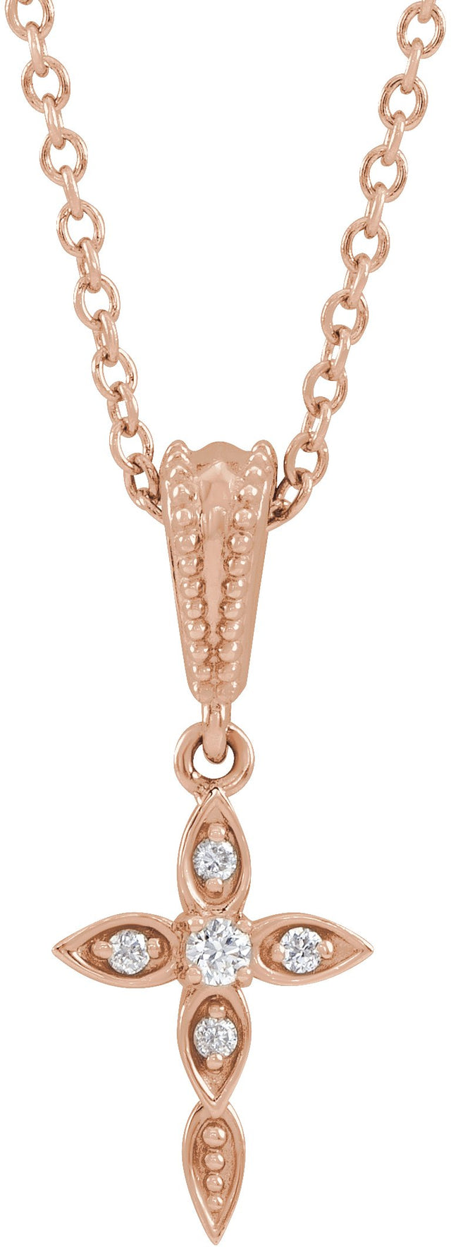 14K Gold Round Natural Diamond Vintage-Inspired Cross Necklace or Pendant - Rose Gold