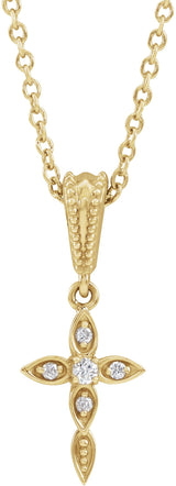14K Gold Round Natural Diamond Vintage-Inspired Cross Necklace or Pendant - Yellow Gold