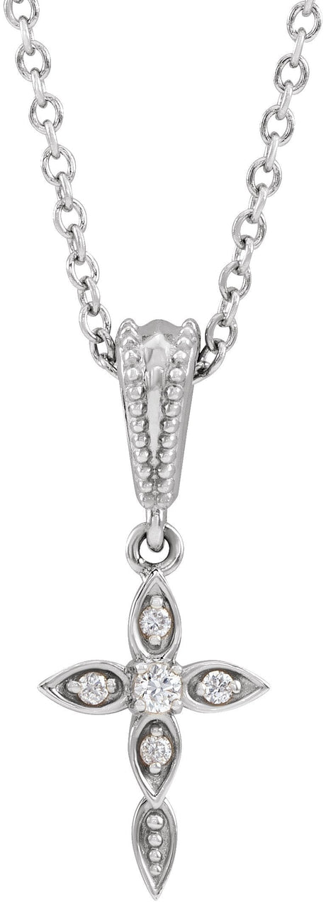 14K Gold Round Natural Diamond Vintage-Inspired Cross Necklace or Pendant - White Gold
