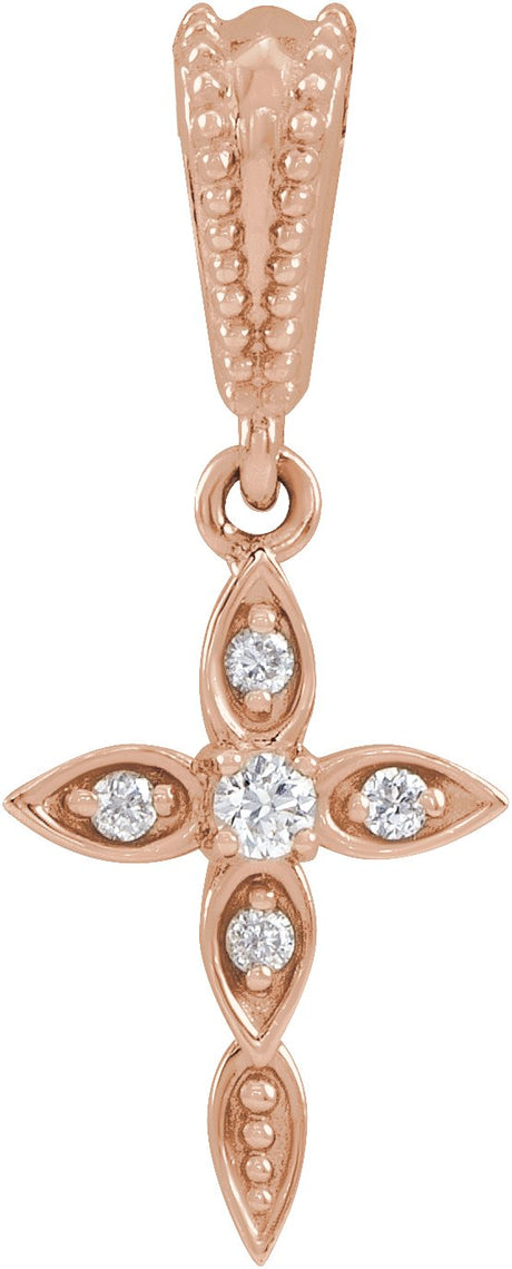 14K Gold Round Natural Diamond Vintage-Inspired Cross Necklace or Pendant - Rose Gold