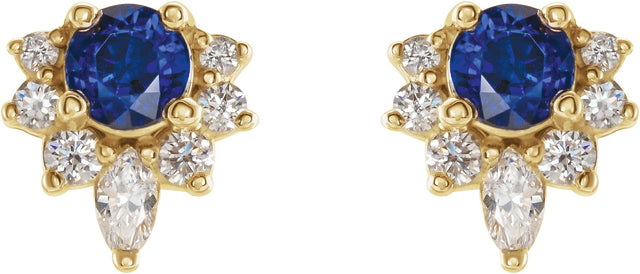 14K Gold Round Natural Blue Sapphire Accented Earrings - Yellow Gold - view 2