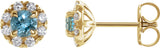 14K Gold Round Natural Blue Zircon French-Set Halo-Style Earrings - Yellow Gold