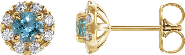 14K Gold Round Natural Aquamarine French-Set Halo-Style Earrings - Yellow Gold