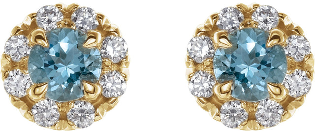 14K Gold Round Natural Aquamarine French-Set Halo-Style Earrings - Yellow Gold - view 2