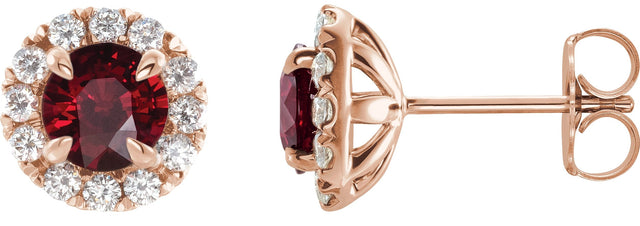 14K Gold Round Natural Mozambique Garnet French-Set Halo-Style Earrings - Rose Gold
