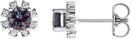 Platinum Lab-Grown Alexandrite Round 4-Prong Halo-Style Earrings
