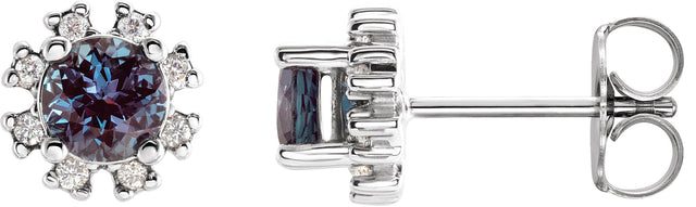 Platinum Lab-Grown Alexandrite Round 4-Prong Halo-Style Earrings