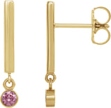 14K Gold Round Natural Pink Tourmaline Bezel-Set Bar Earrings - Yellow Gold