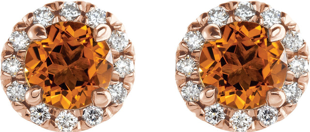 14K Gold Round Natural Citrine French-Set Halo-Style Earrings - Rose Gold - view 2