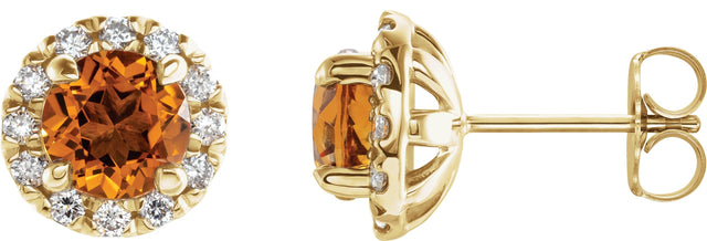 14K Gold Round Natural Citrine French-Set Halo-Style Earrings - Yellow Gold