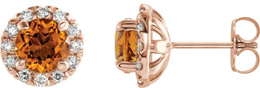 14K Gold Round Natural Citrine French-Set Halo-Style Earrings - Rose Gold