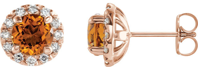 14K Gold Round Natural Citrine French-Set Halo-Style Earrings - Rose Gold