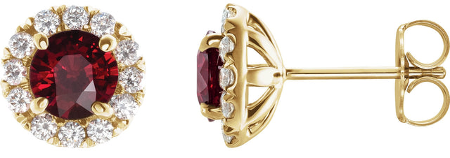 14K Gold Round Natural Mozambique Garnet French-Set Halo-Style Earrings - Yellow Gold
