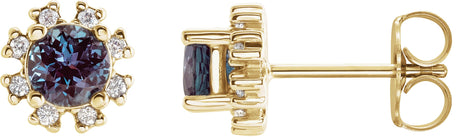 14K Gold Lab-Grown Alexandrite Round 4-Prong Halo-Style Earrings - Yellow Gold