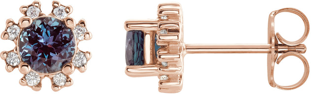14K Gold Lab-Grown Alexandrite Round 4-Prong Halo-Style Earrings - Rose Gold