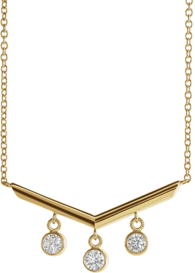14K Gold Round Natural Diamond V Bar Necklace - Yellow Gold