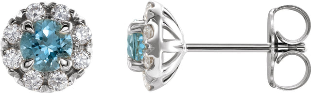 14K Gold Round Natural Aquamarine French-Set Halo-Style Earrings - White Gold