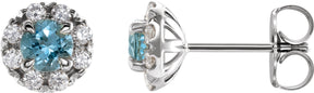 Platinum Round Natural Aquamarine French-Set Halo-Style Earrings