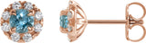 14K Gold Round Natural Aquamarine French-Set Halo-Style Earrings - Rose Gold